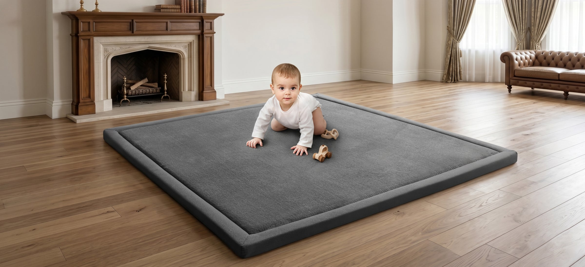 Baby enjoying a cushioned GOYUU baby play mat in a bright room