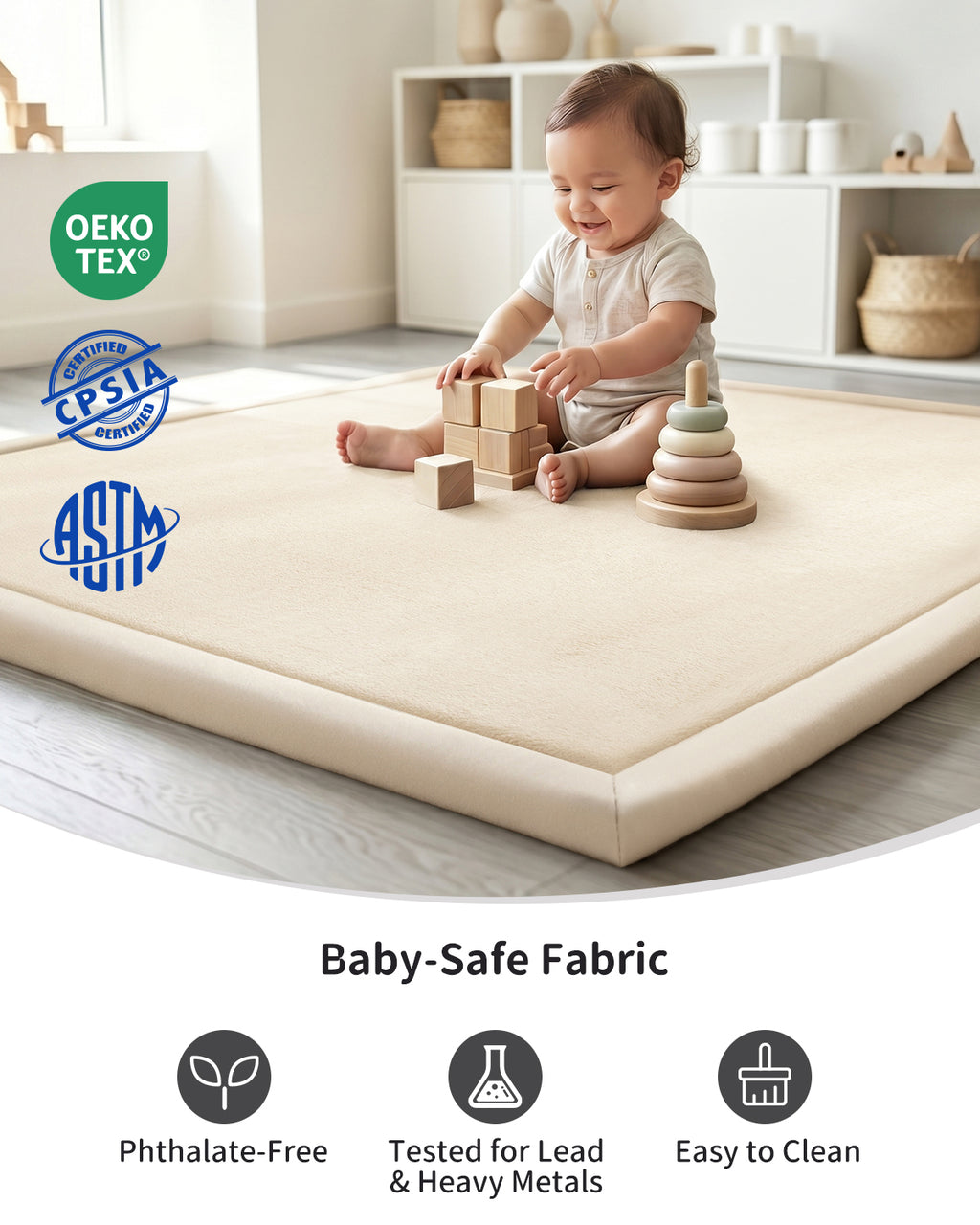 Baby Play Mat for Floor, Playpen Mat Elasti-Foam Padded Crawling Mat for Babies, Toddlers, Infant, Kids, Non-Slip Backing Safe for Tummy Time