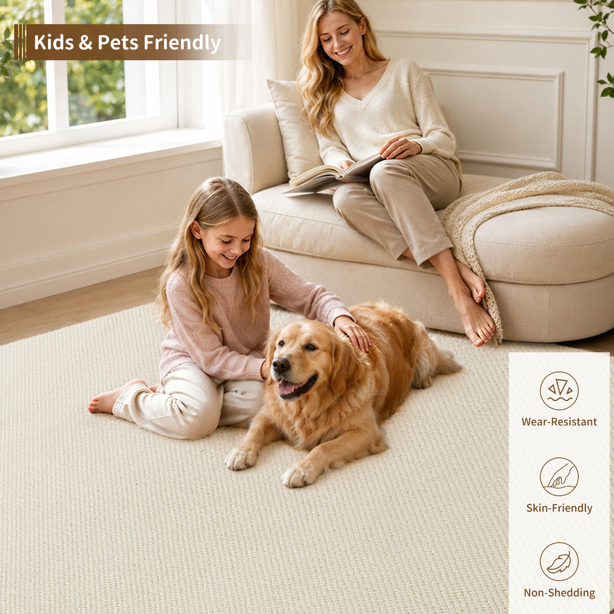 Goyuu 8x10 Area Rugs for Living Room, Ultra Soft Faux Wool Machine Washable Rugs, Non-Slip Backing & Non-Shedding Pet Friendly Throw Rugs for Bedroom Dining Room, Ivory