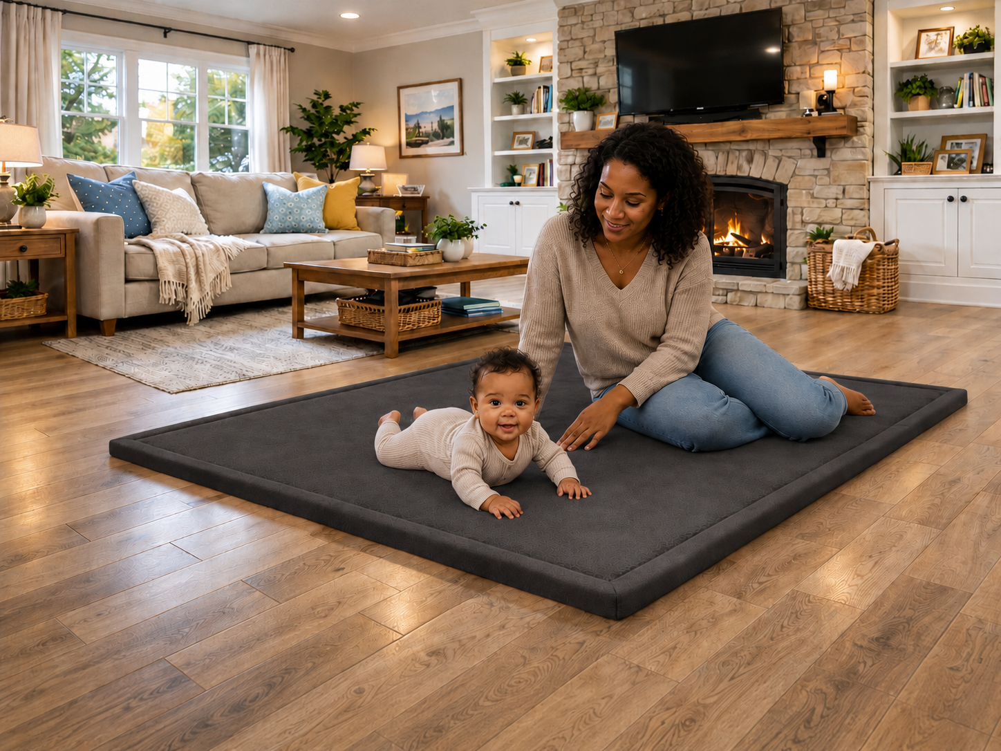 Baby crawling on a soft grey GOYUU baby play mat