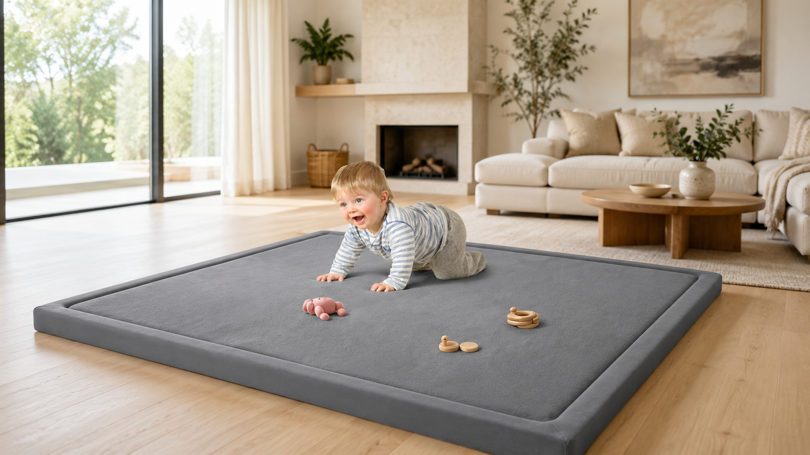 Family sharing floor time together on a GOYUU play mat