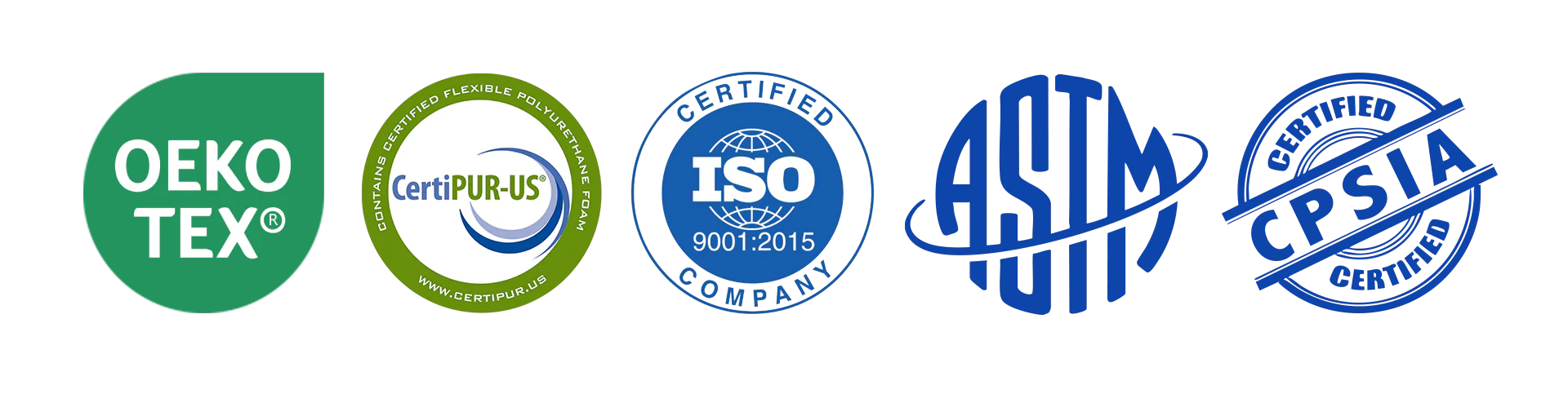 OEKO-TEX, CertiPUR-US, ISO 9001:2015, ASTM and CPSIA certification marks