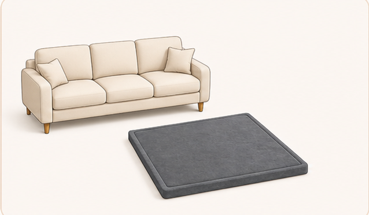 50 by 50 inch GOYUU baby play mat beside a sofa