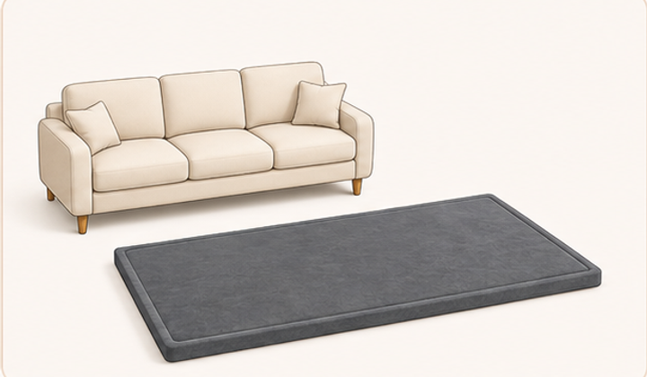 59 by 71 inch GOYUU baby play mat beside a sofa