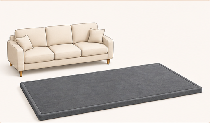 71 by 79 inch GOYUU baby play mat beside a sofa