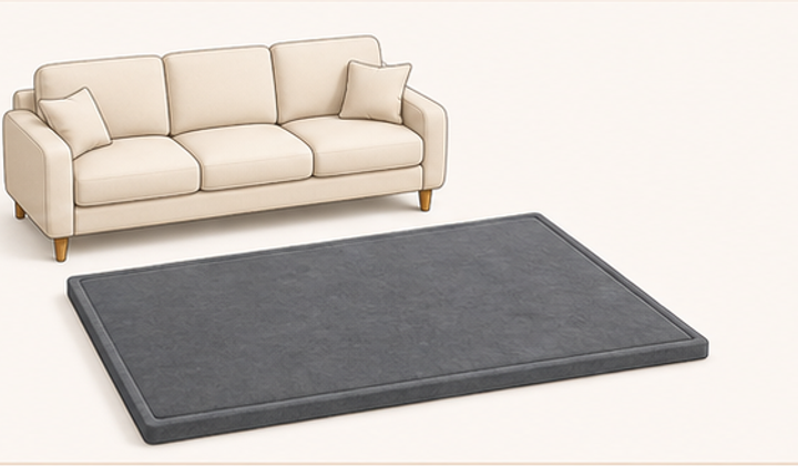 79 by 79 inch GOYUU baby play mat beside a sofa
