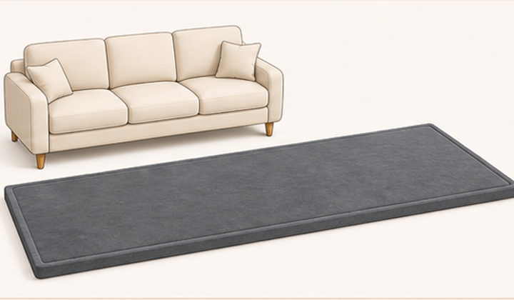 79 by 118 inch GOYUU baby play mat beside a sofa