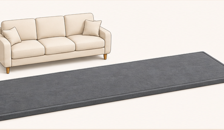 79 by 158 inch GOYUU baby play mat beside a sofa